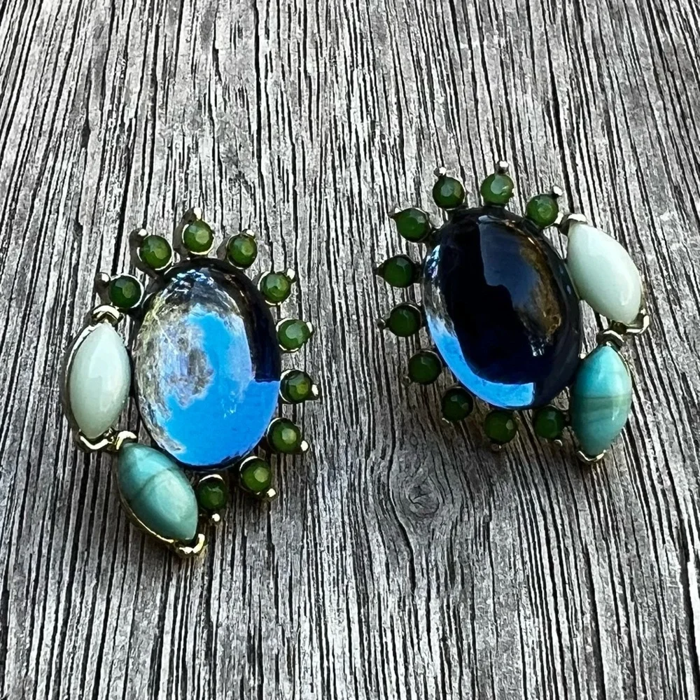 Banana Republic Silver Tone Blue Moonstone Stud Earrings with Aqua Stone Accents
